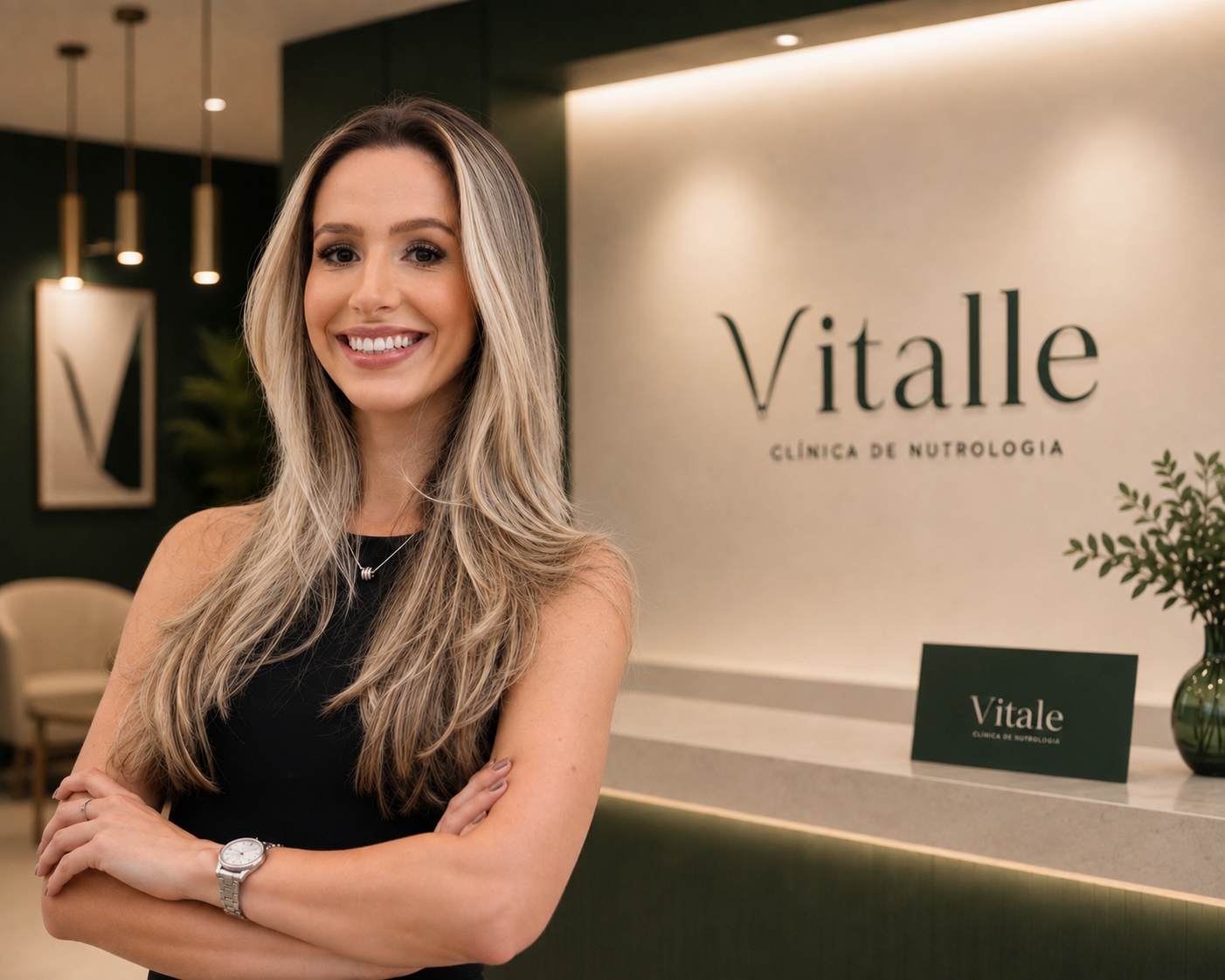Dra. Gabriela Lourenço Munhoz na recepção da Clínica Vitalle